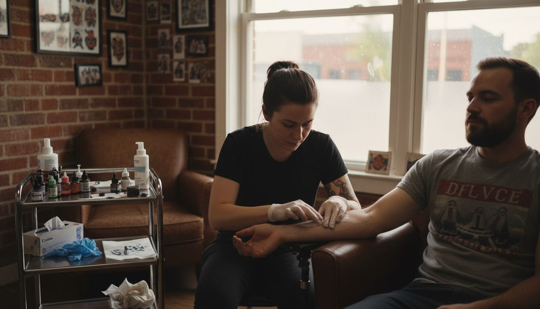 Artist applying numbing cream to client arm