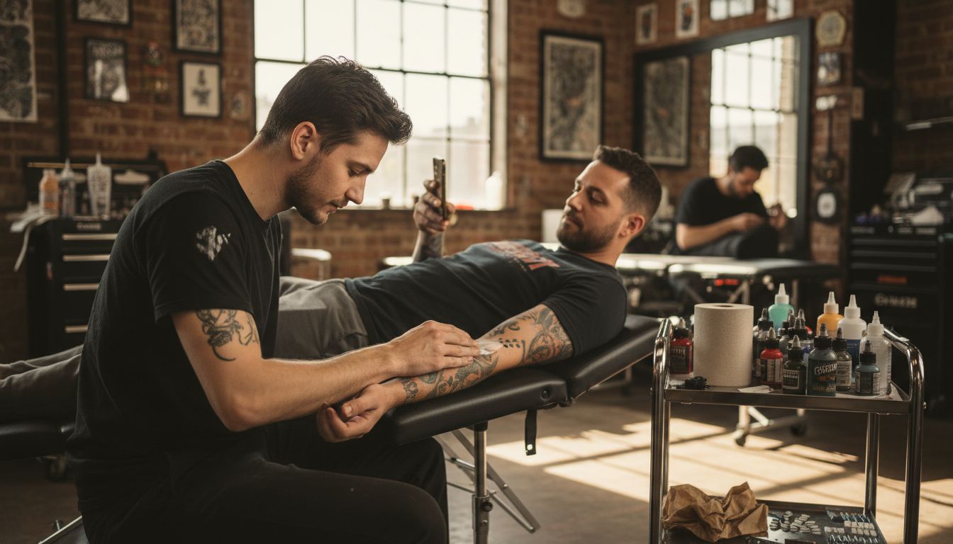 Tattoo artist applying numbing cream in studio