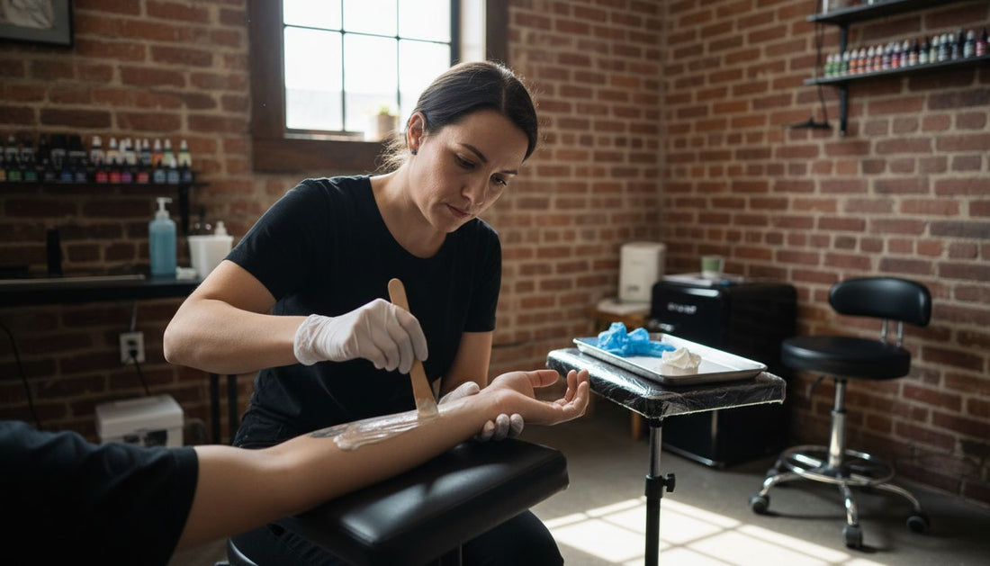 Tattoo artist applying numbing cream in studio
