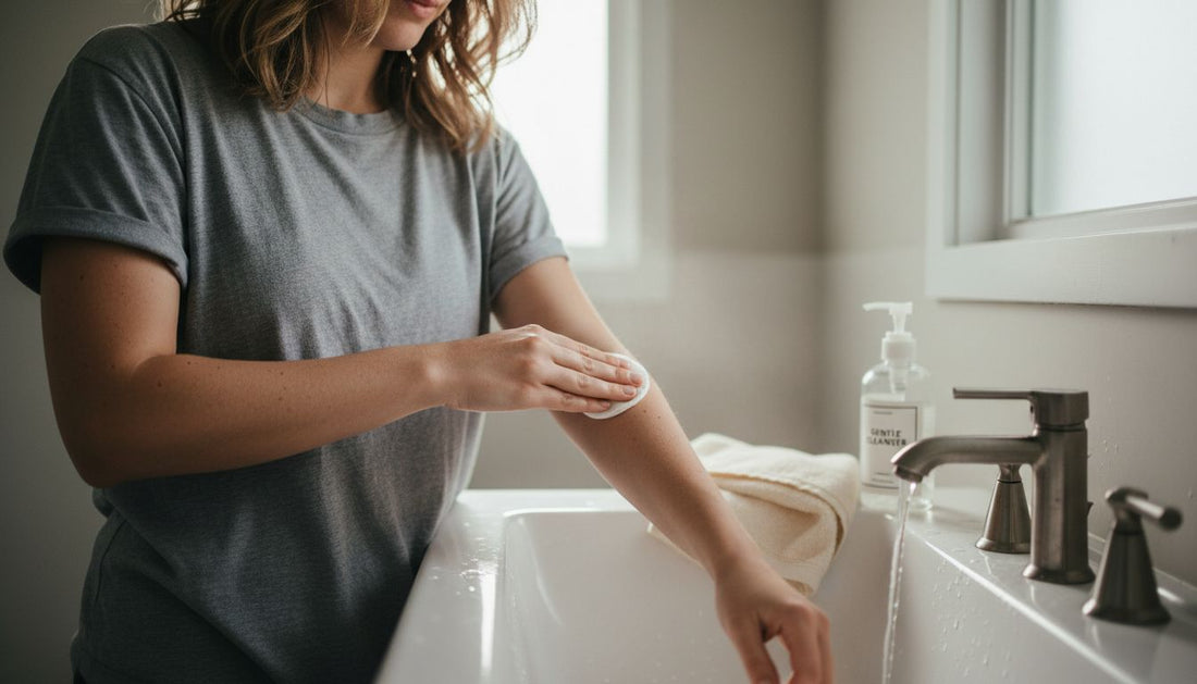 Woman cleaning skin before tattooing