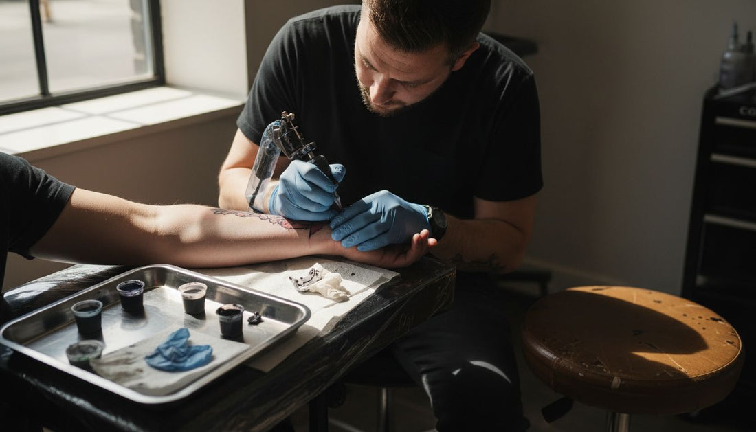 Tattoo artist working on client’s arm