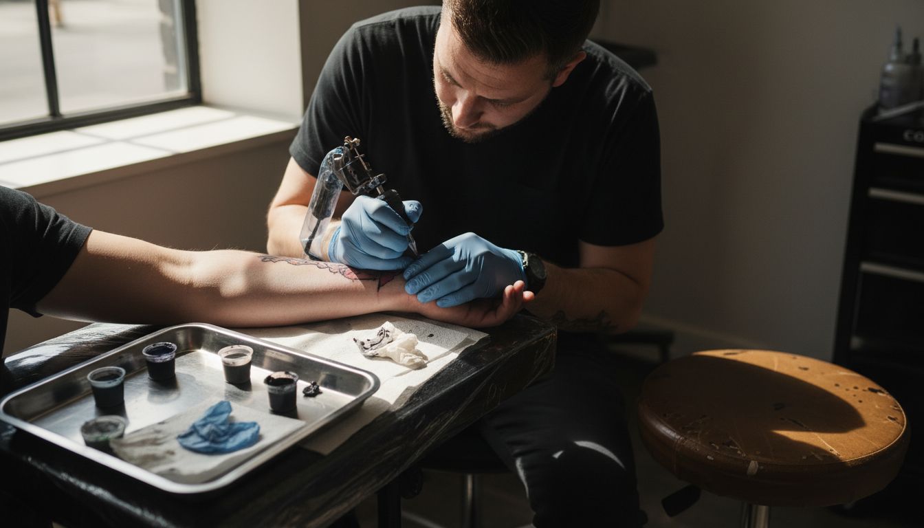 Tattoo artist working on client’s arm