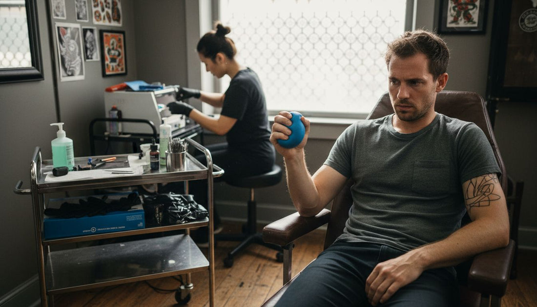 Client preparing for tattoo at studio