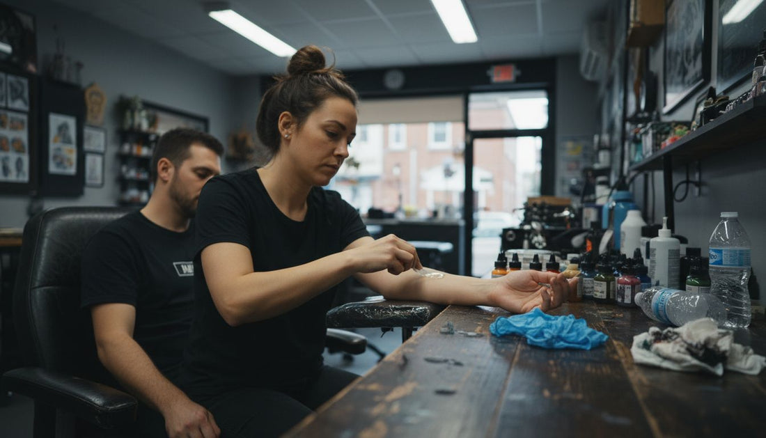 Tattoo artist applying anesthetic gel