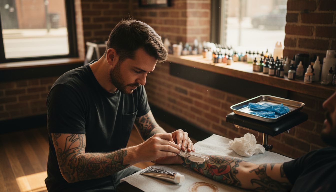 Tattoo artist applying anesthetic cream to client