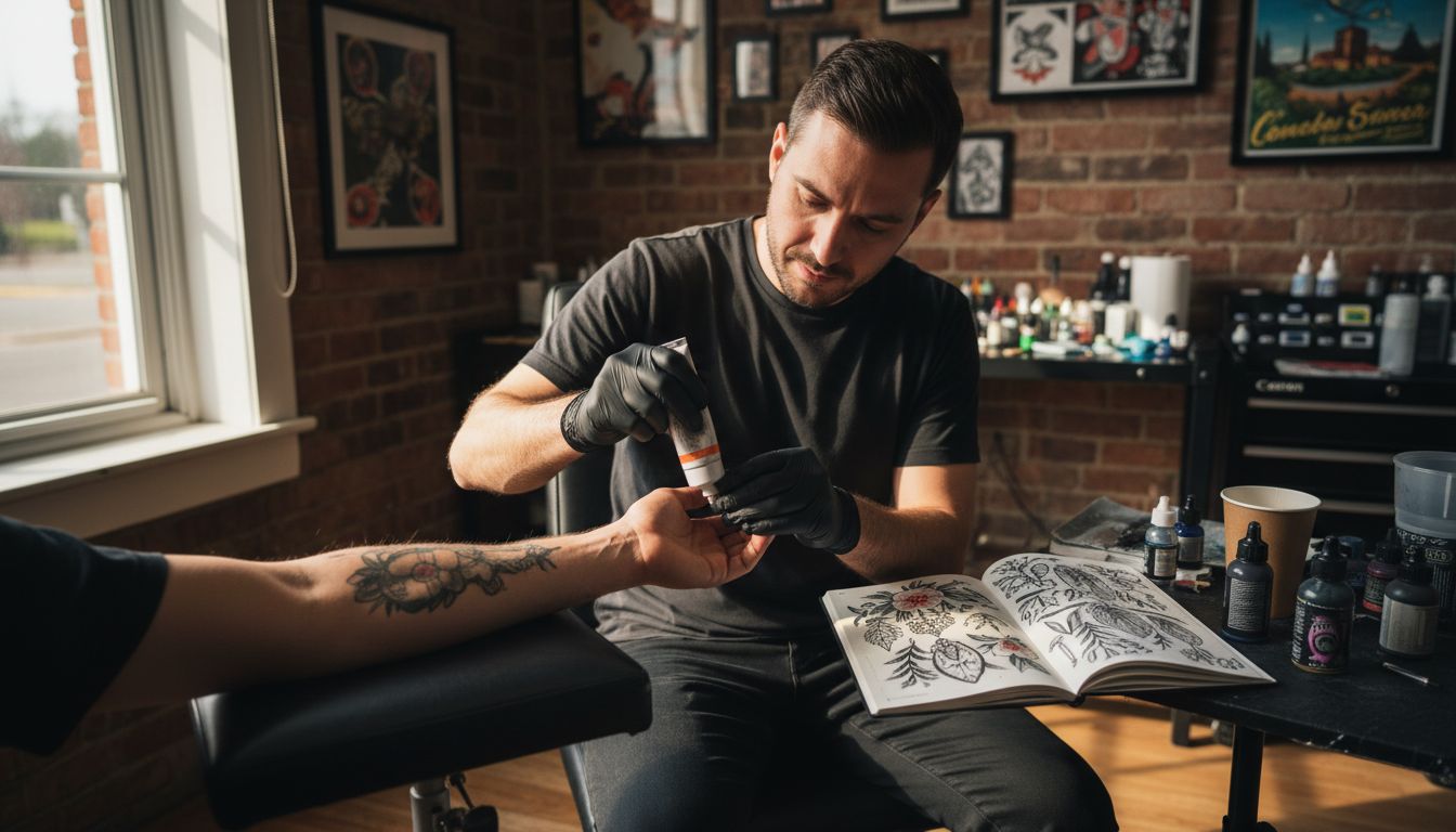 Tattooist applying numbing cream to forearm