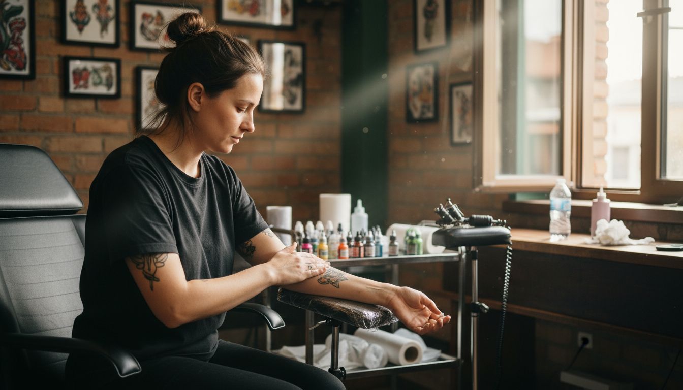 Client applies numbing cream before tattoo session