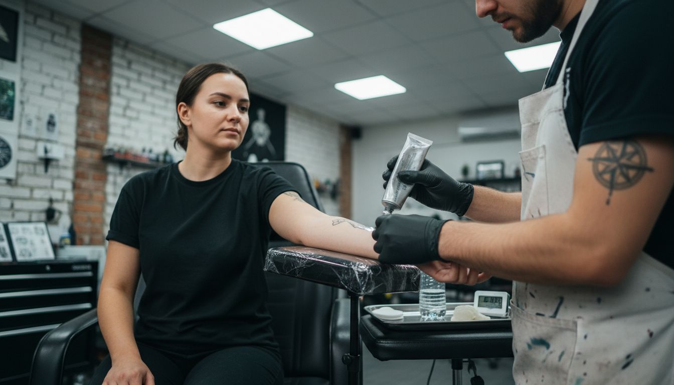 Tattoo artist applying numbing cream to client