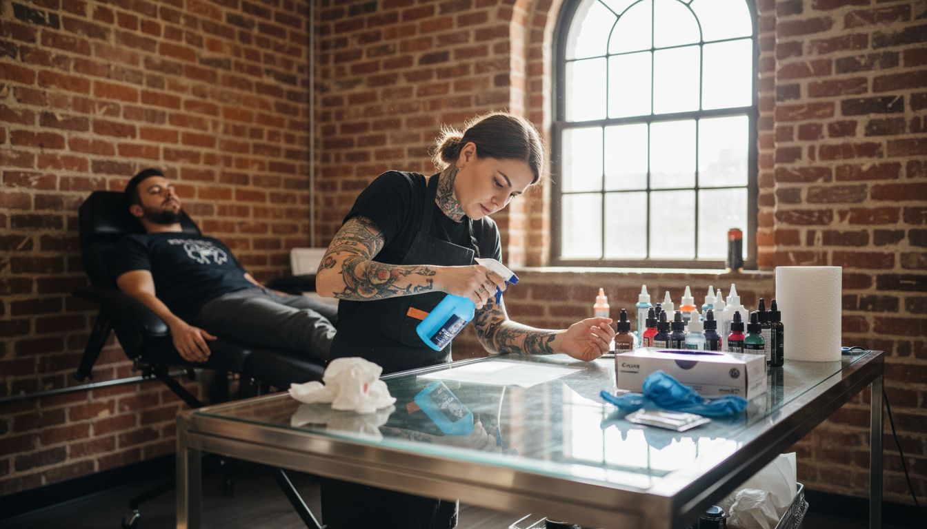 Tattoo artist prepping client’s arm at workstation