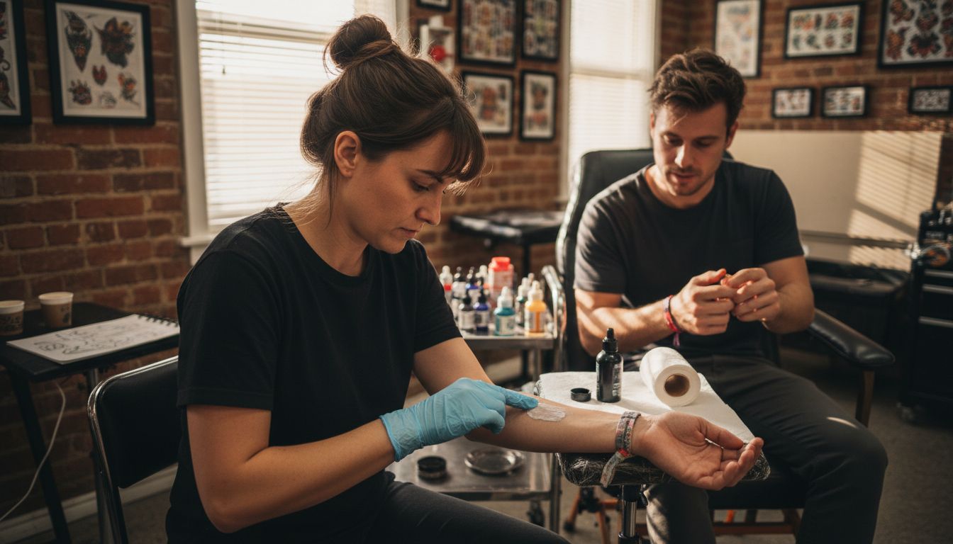Tattoo artist applying anesthetic cream to client