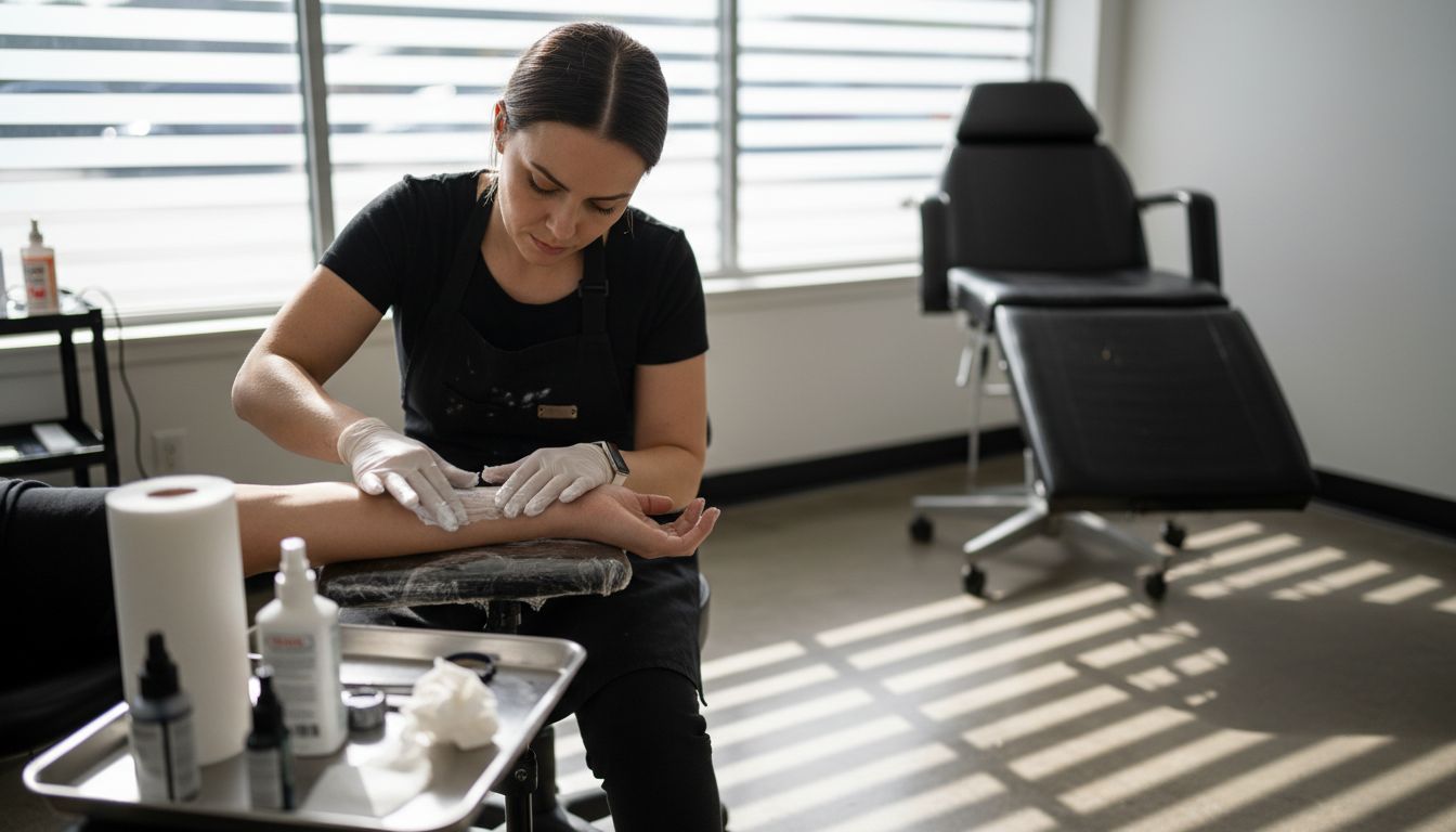 Tattoo artist applying numbing cream to arm