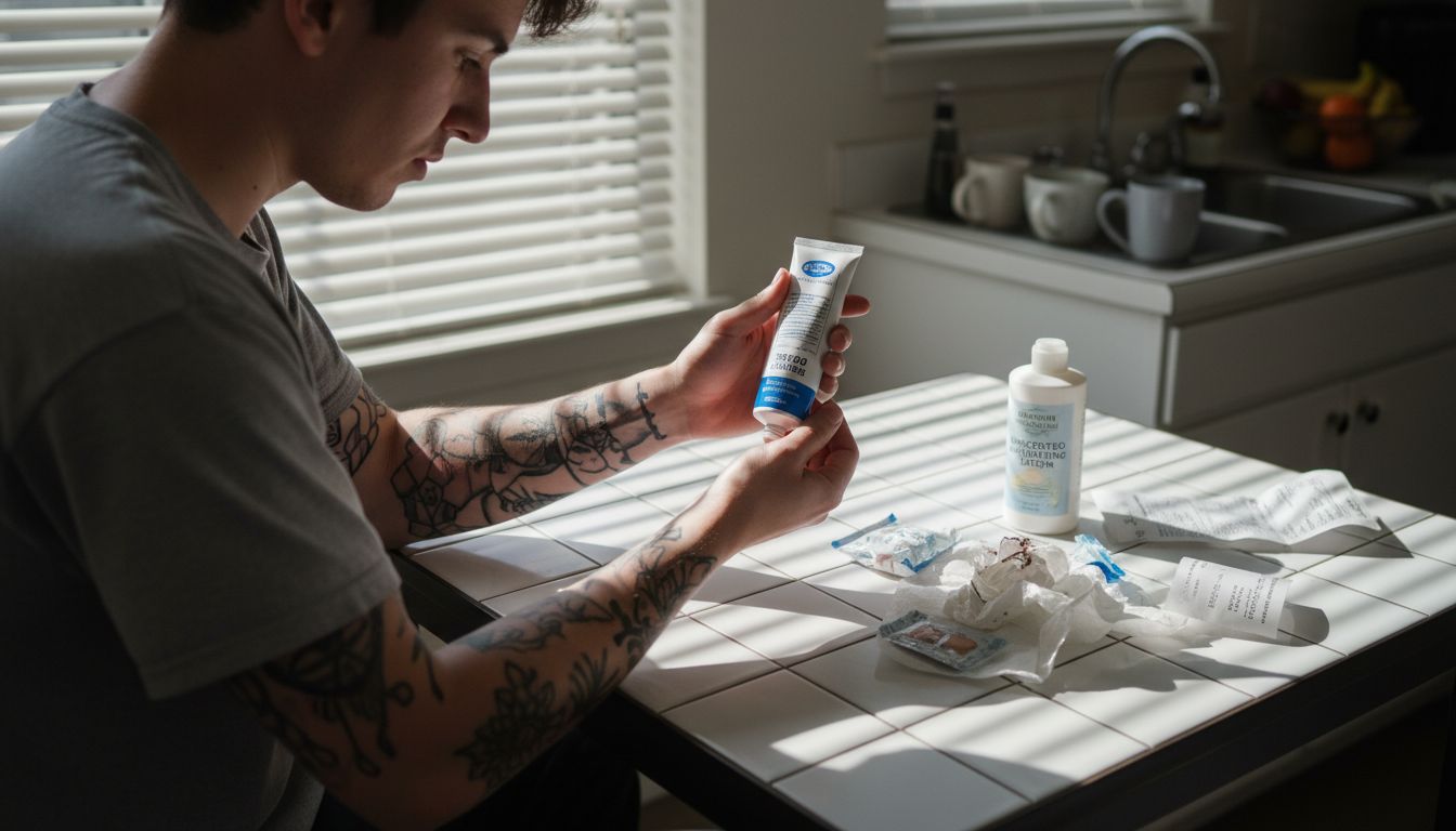 Tattooed person applying aftercare cream at home