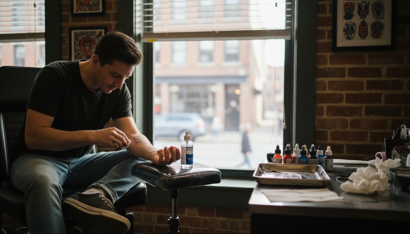 Client cleaning forearm before tattoo session
