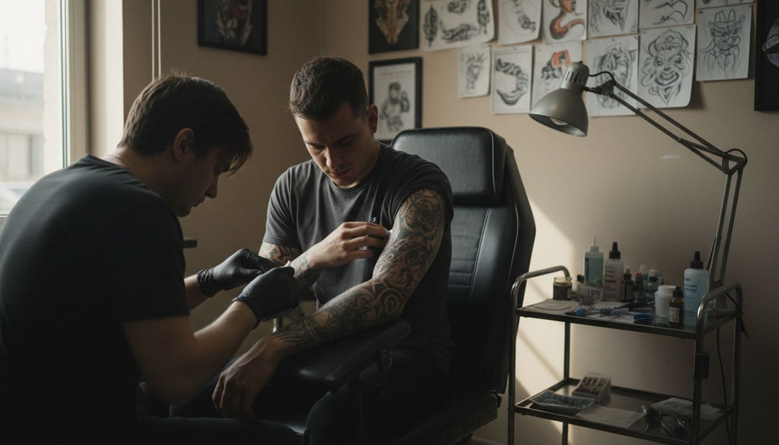 Tattoo artist applying numbing cream in studio