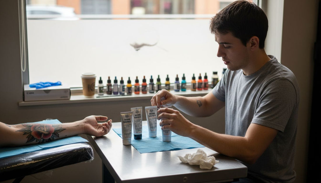Tattoo artist comparing numbing creams in shop