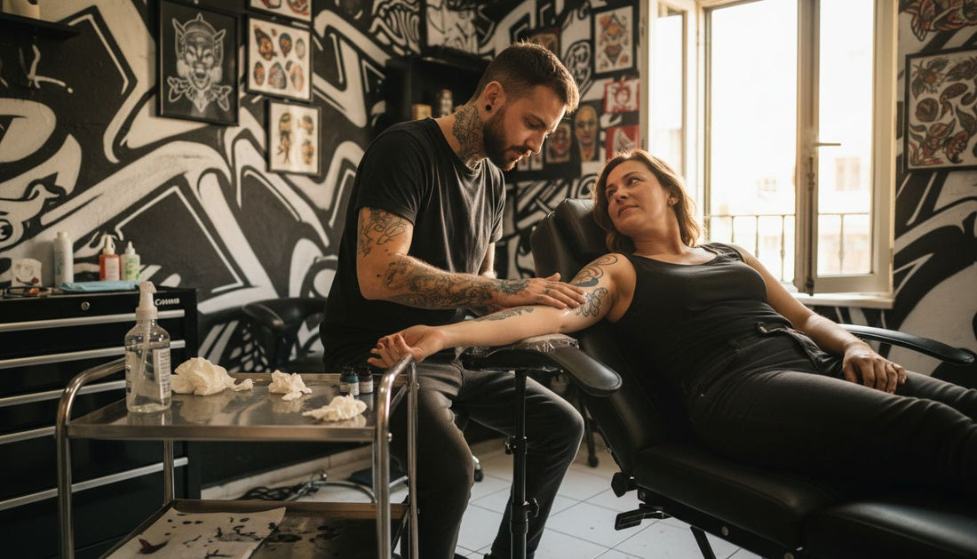 Tattoo artist using numbing cream on client's arm