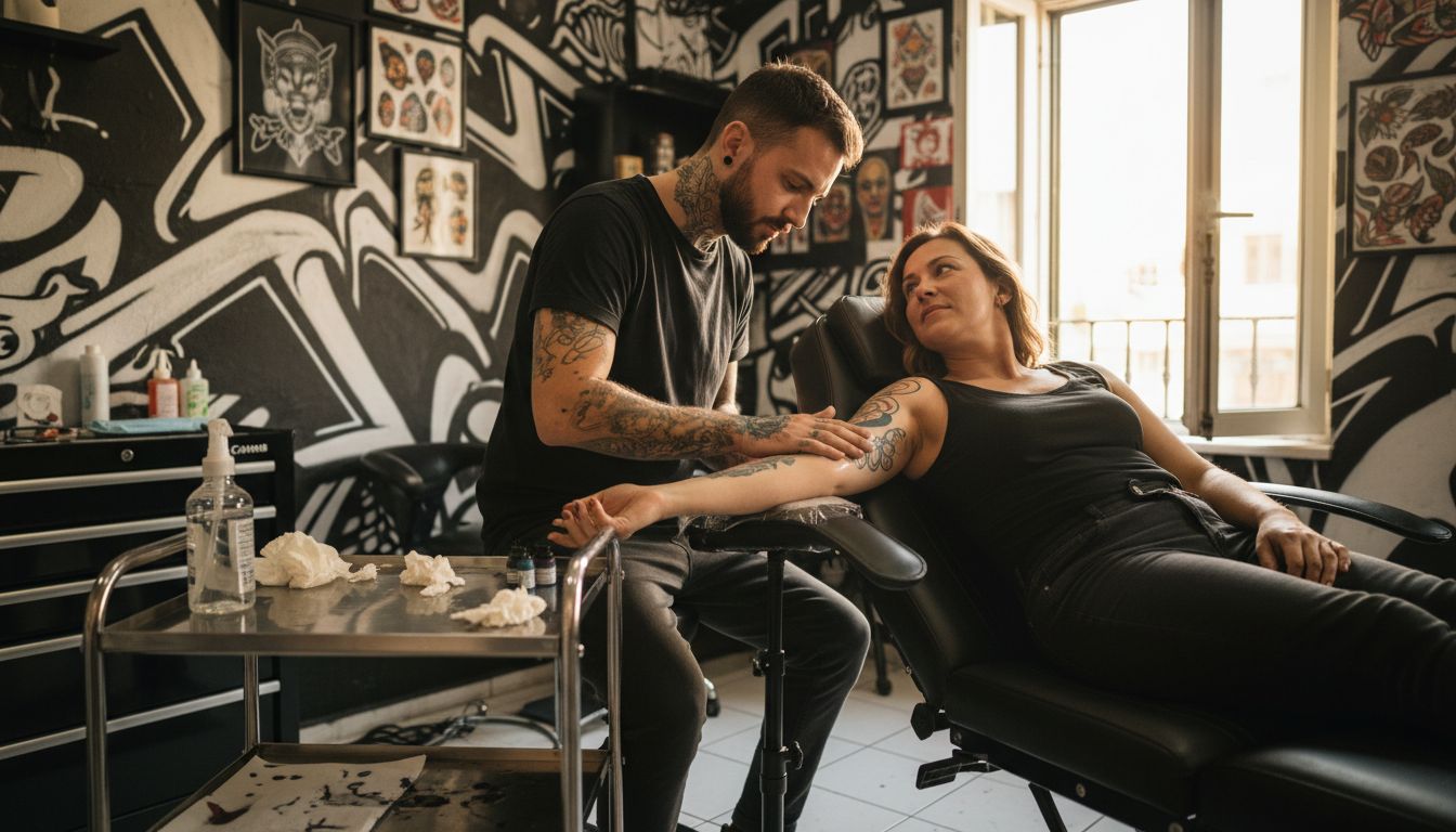 Tattoo artist using numbing cream on client's arm