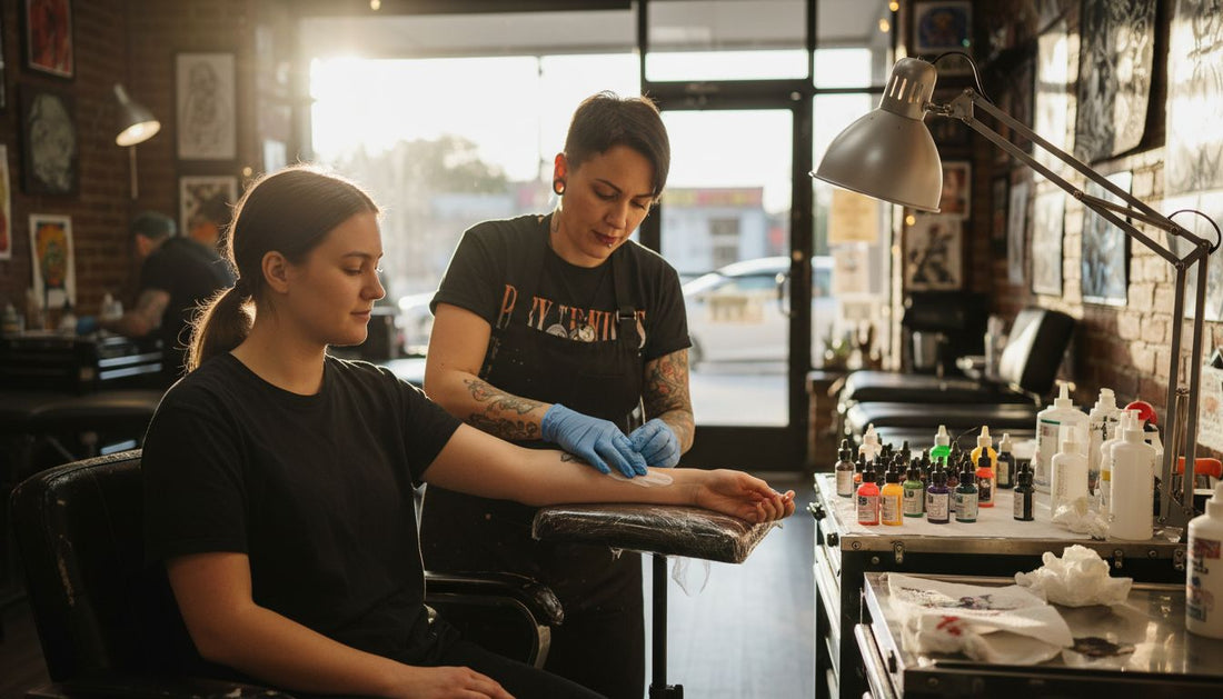 Tattoo artist applying cream to client's arm