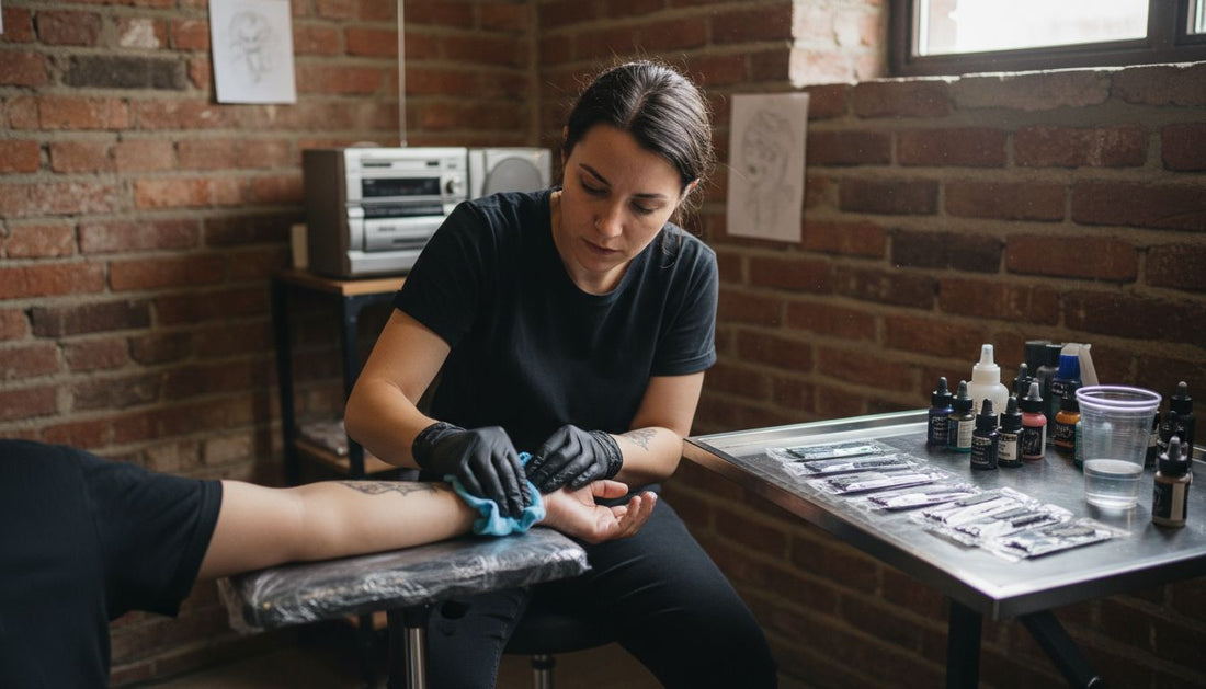 Tattoo artist prepping client in studio
