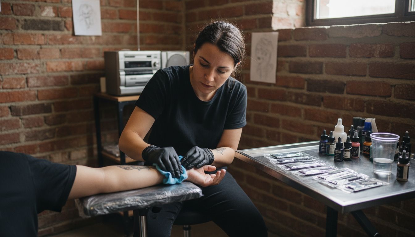 Tattoo artist prepping client in studio