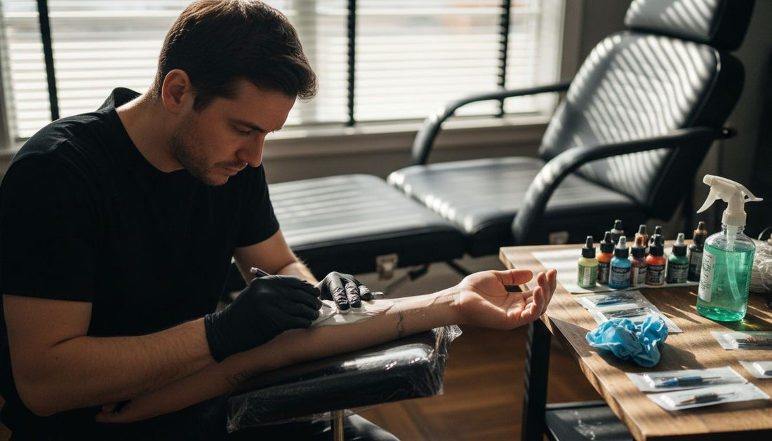 Tattoo artist applying numbing cream to forearm