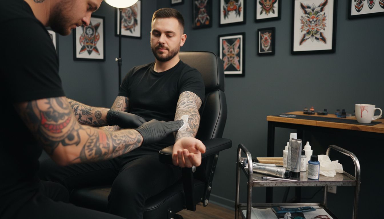 Tattoo artist applying numbing cream on client’s arm