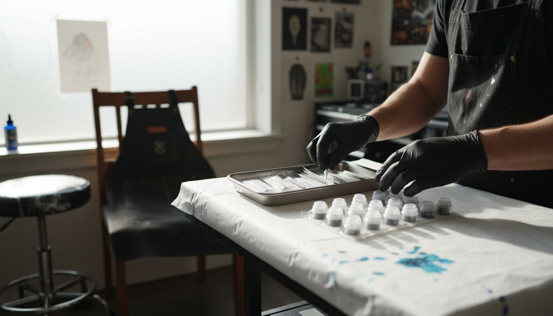 Tattoo artist prepares sterile studio workspace