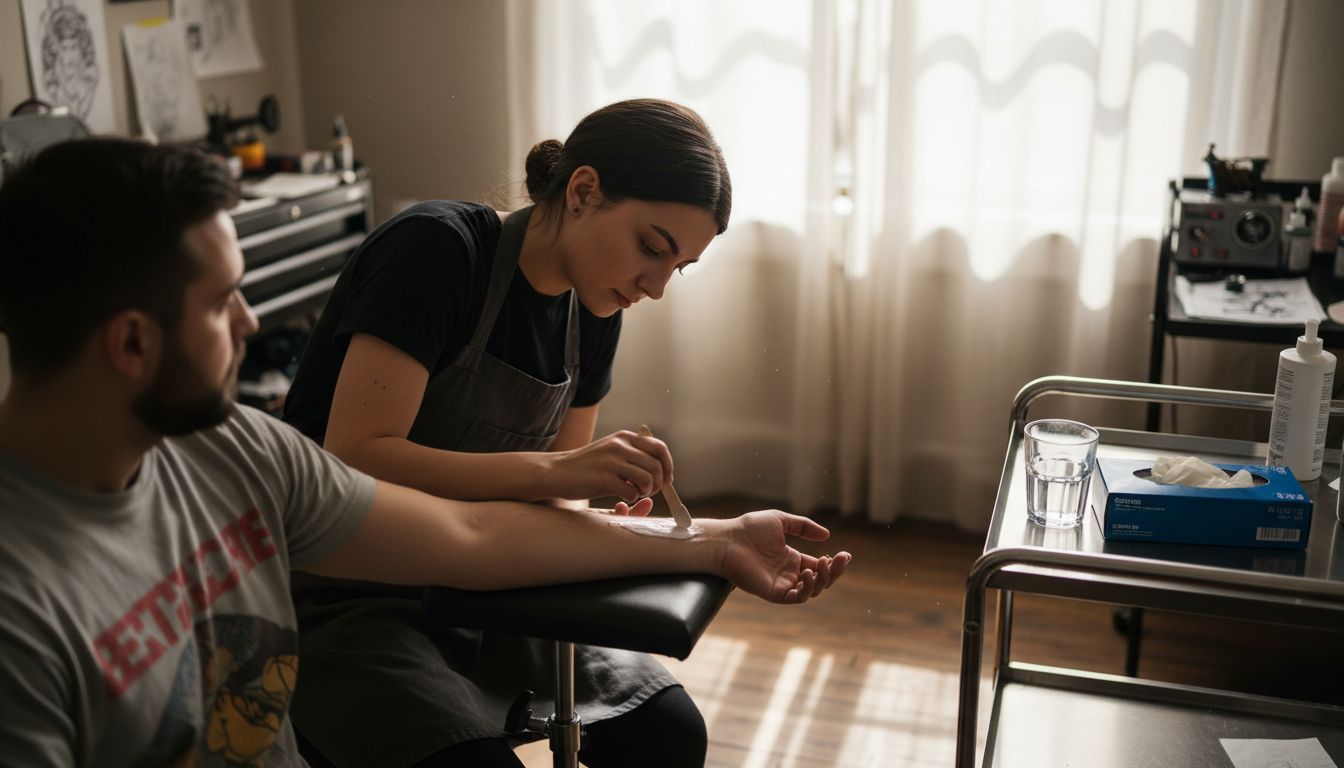 Tattoo artist applying numbing cream to client