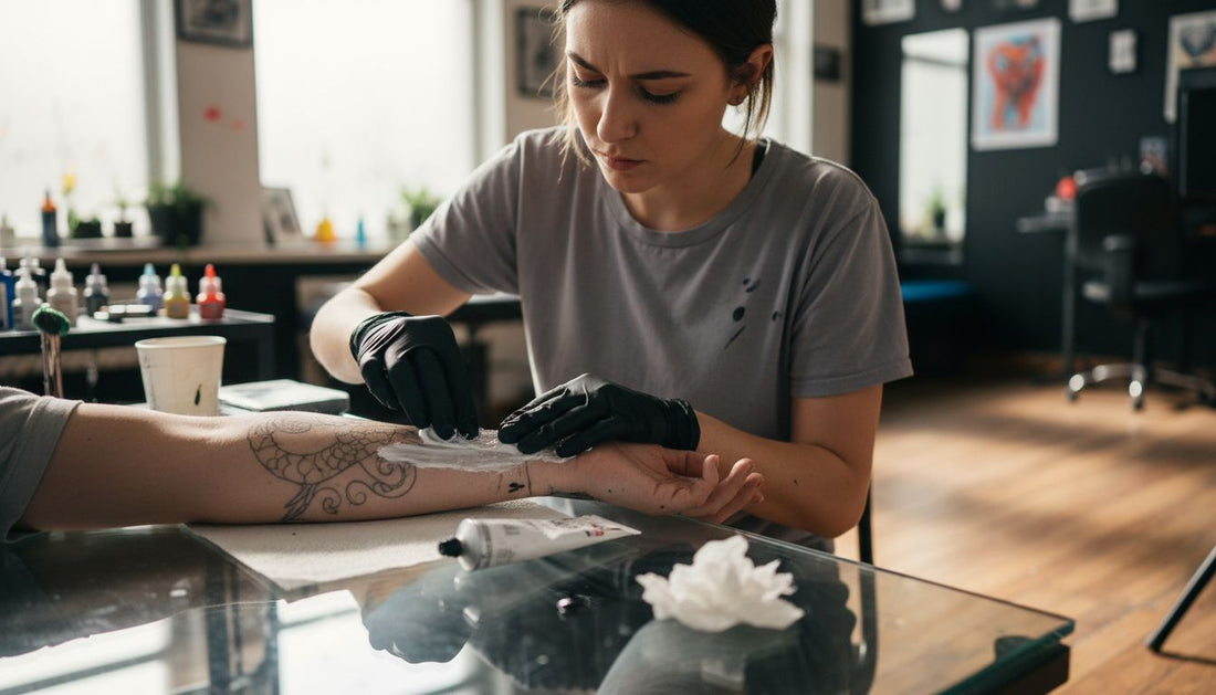 Tattoo artist applying cream to client arm