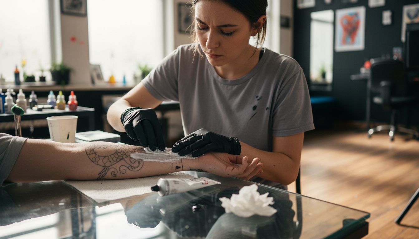 Tattoo artist applying cream to client arm