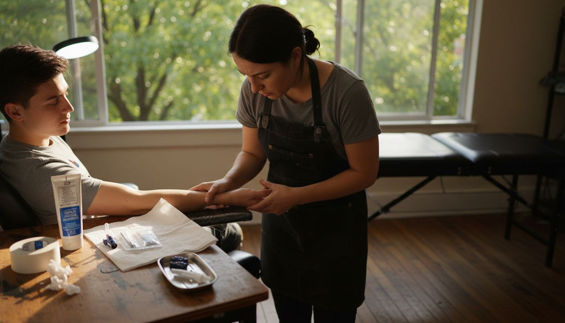 Tattoo artist consulting client on skin anesthetic