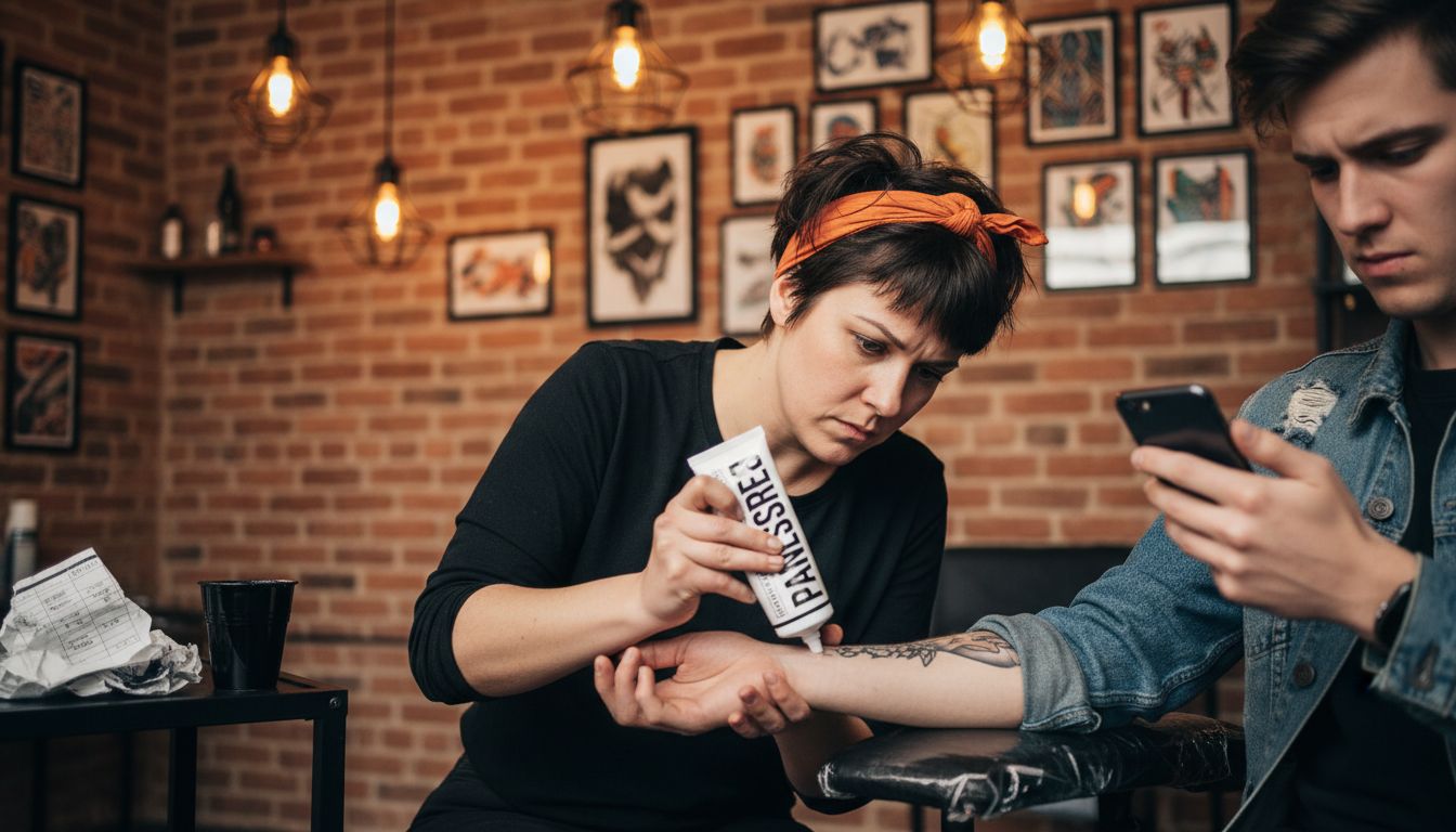 Tattoo artist applying numbing cream