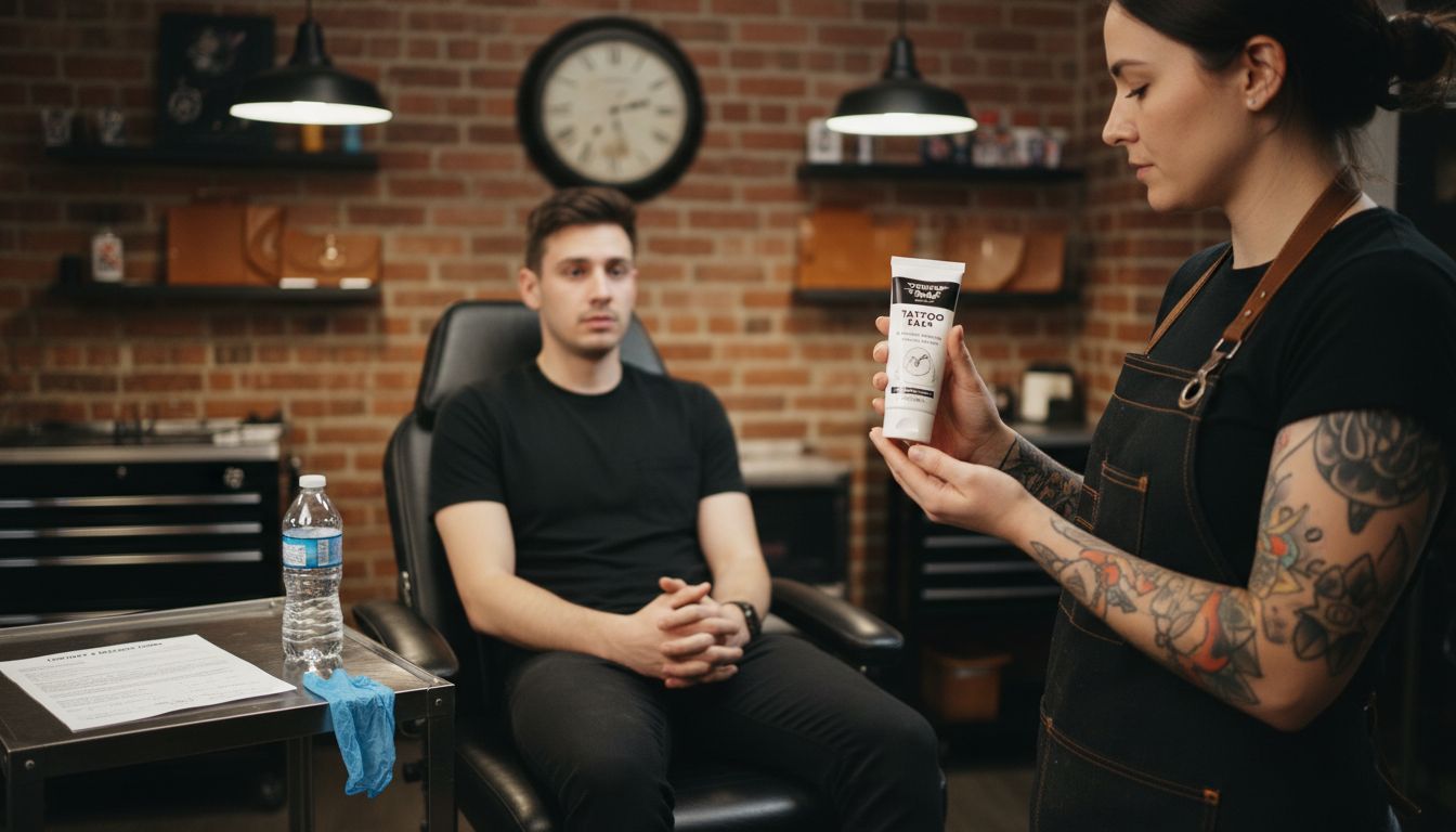 Tattoo artist explaining numbing cream use