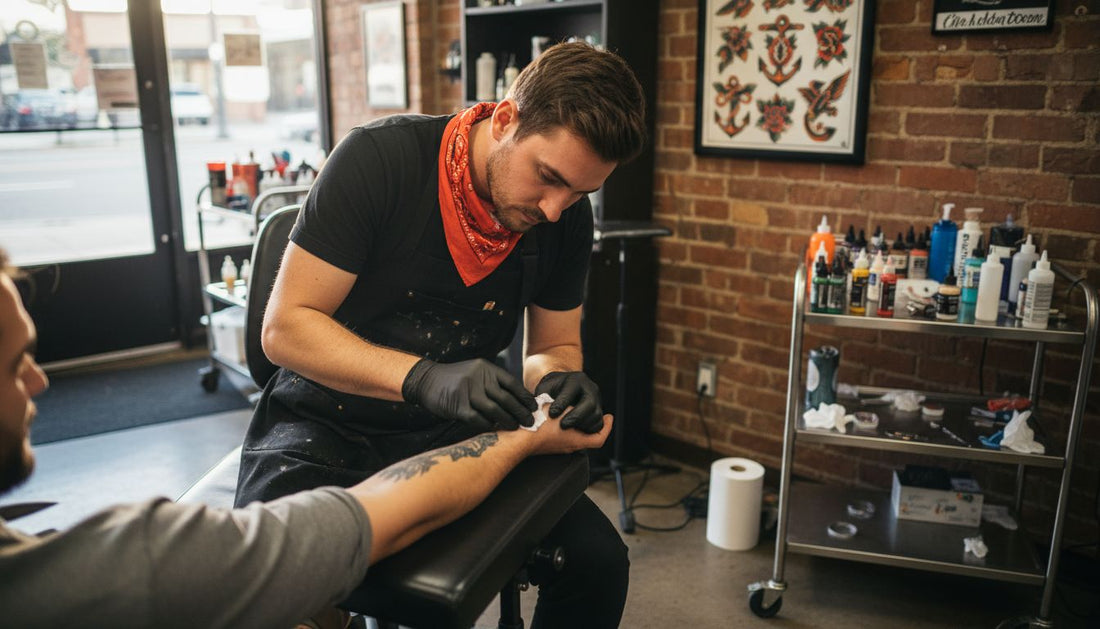 Tattoo artist applies numbing cream on arm