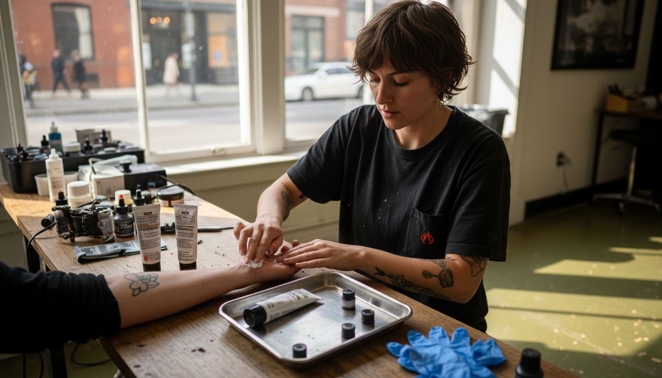 Tattoo artist applies numbing cream before tattoo
