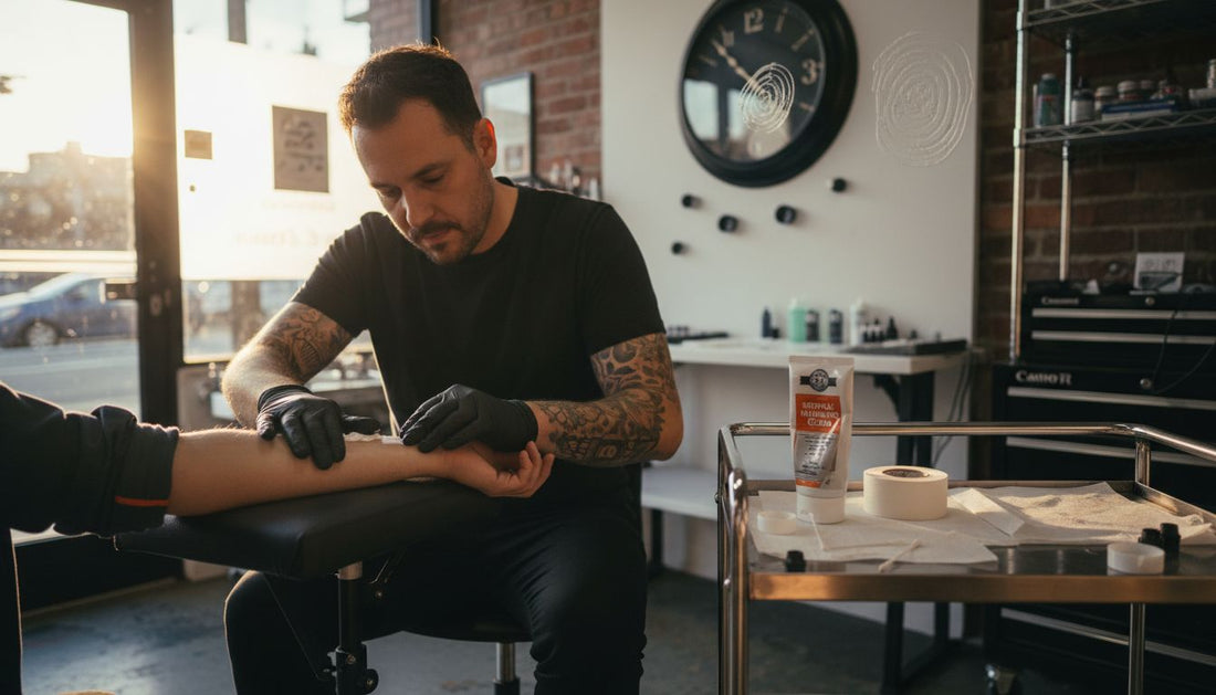 Tattoo artist applying numbing cream in studio