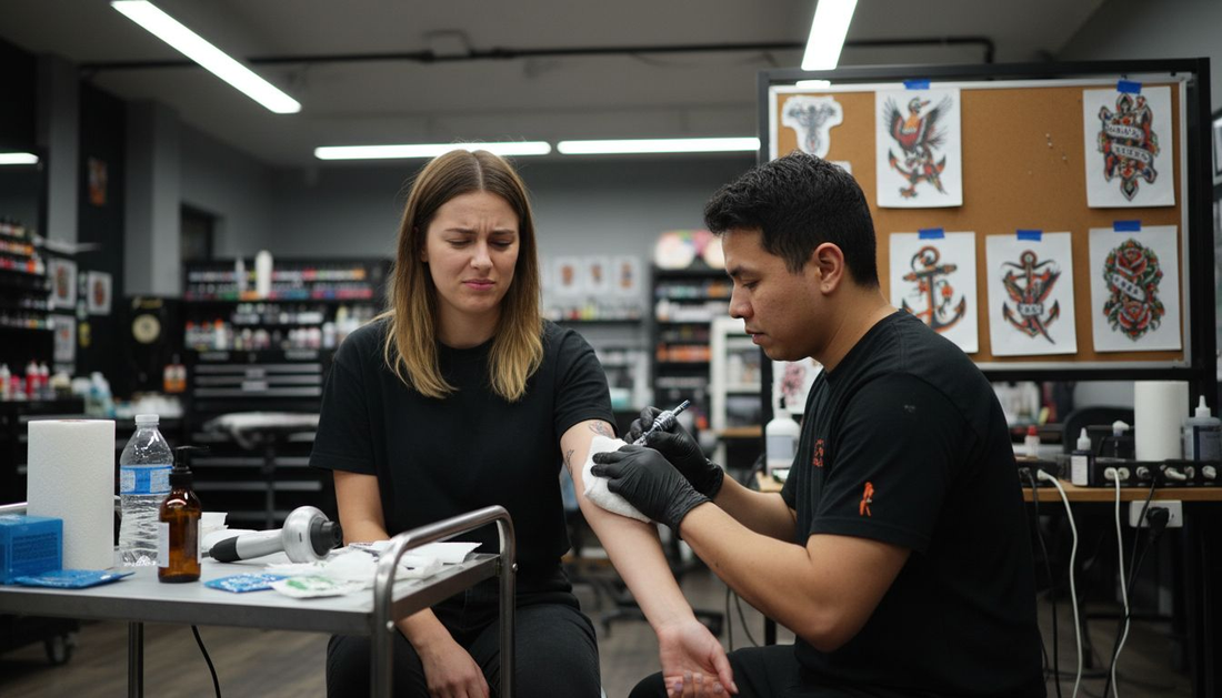 Tattoo studio session with pain relief alternatives