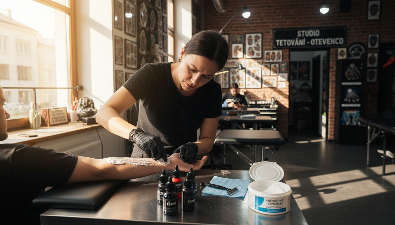 Před začátkem tetování tatér nanáší na kůži znecitlivující krém, aby byl zákrok pro klienta co nejpohodlnější.