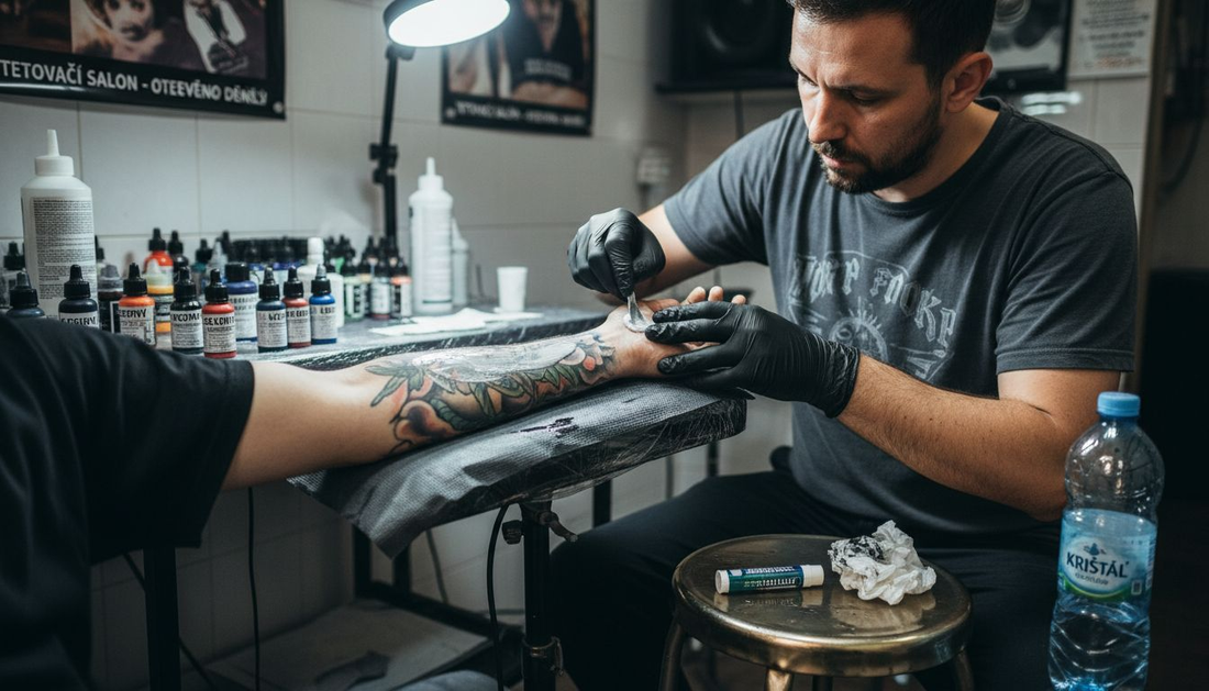 Tatér nanáší na paži znecitlivující krém, aby byl zákrok pro zákazníka co nejpohodlnější.