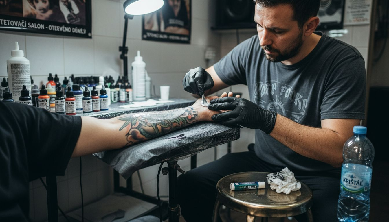 Tatér nanáší na paži znecitlivující krém, aby byl zákrok pro zákazníka co nejpohodlnější.