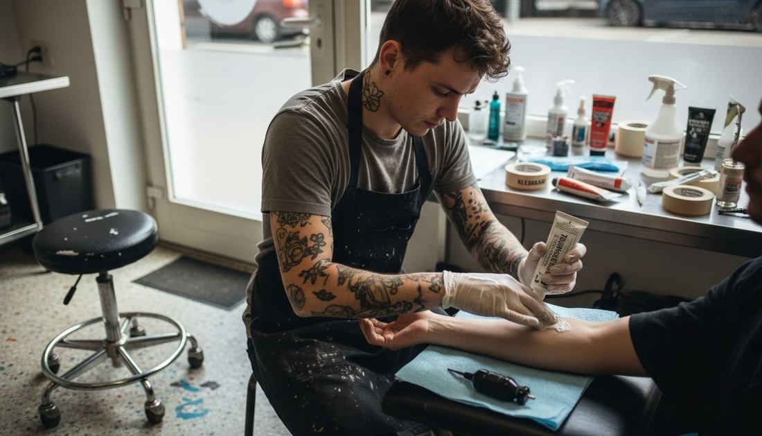 Ein Tätowierer trägt eine betäubende Creme auf den Arm seines Kunden auf, um die Haut für das Stechen vorzubereiten.