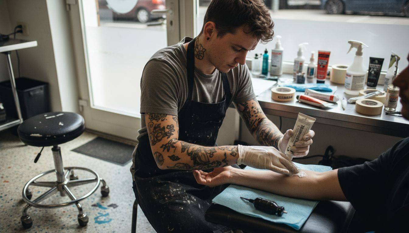 Ein Tätowierer trägt eine betäubende Creme auf den Arm seines Kunden auf, um die Haut für das Stechen vorzubereiten.