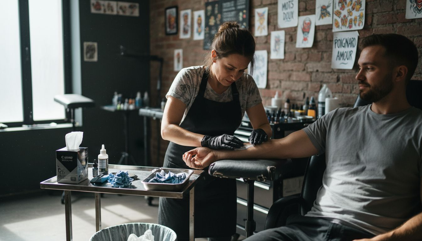 Avant de commencer le tatouage, l’artiste applique une crème anesthésiante directement en salon pour atténuer la douleur.