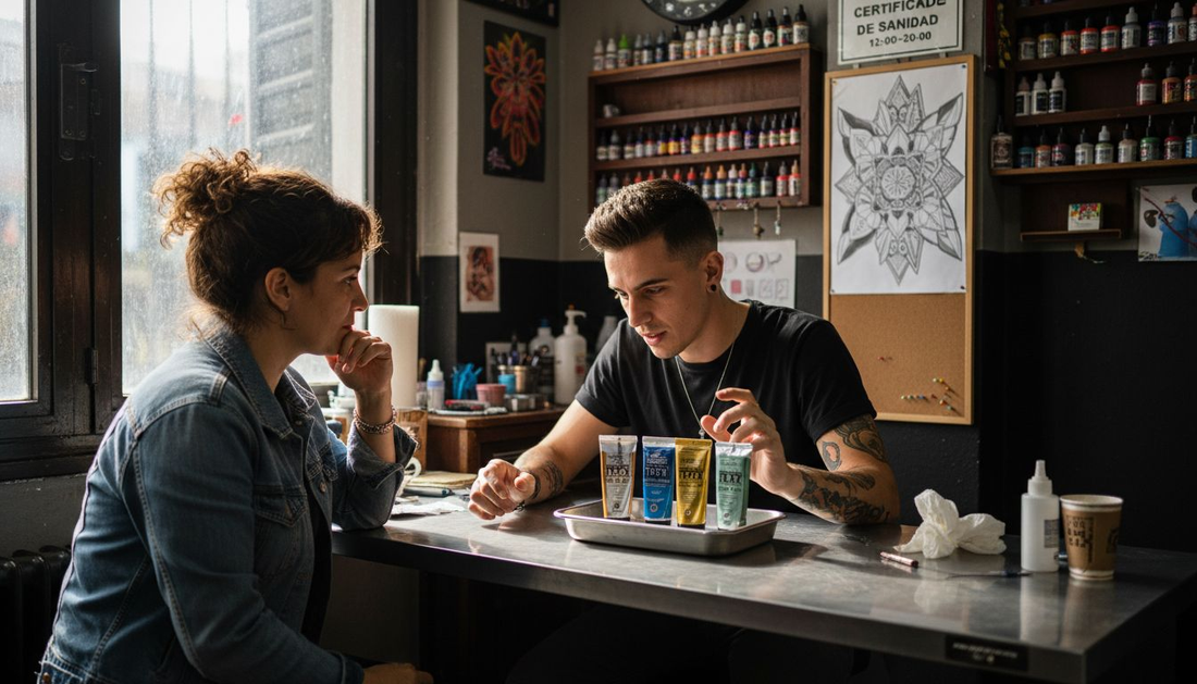 Tatuador conversando con su cliente sobre el uso de cremas anestésicas antes de comenzar el tatuaje.