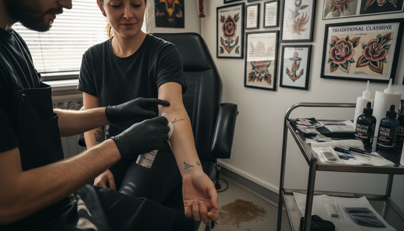 Un tatoueur s’apprête à travailler sur le bras d’un client dans son atelier.