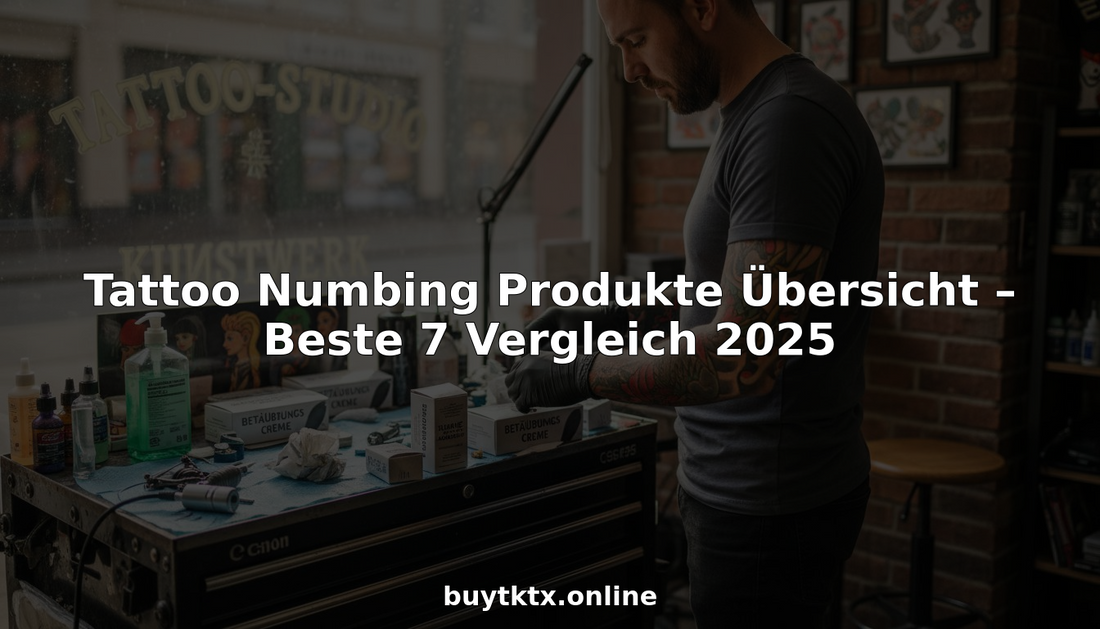 Ein Tätowierer sortiert Betäubungscremes auf seinem chaotischen Arbeitstisch.