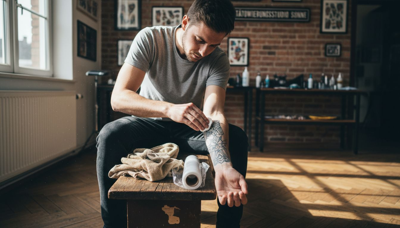 Ein Mann bereitet seinen Unterarm im Tattoostudio auf die bevorstehende Tätowierung vor und reinigt die Haut gründlich.