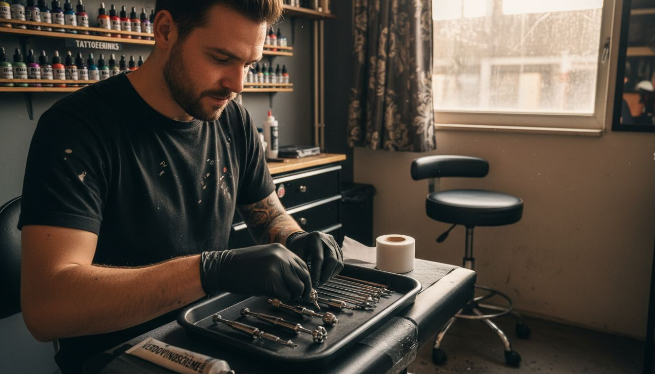De tatoeëerder maakt de werkplek klaar voor een zo comfortabel mogelijke sessie.