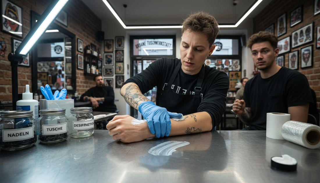 Bevor das Tätowieren beginnt, trägt der Tätowierer eine betäubende Creme auf, um die Haut unempfindlicher zu machen.