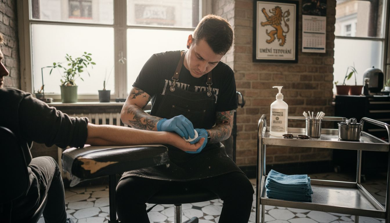 Tatér dezinfikuje předloktí klienta před aplikací umrtvujícího krému.